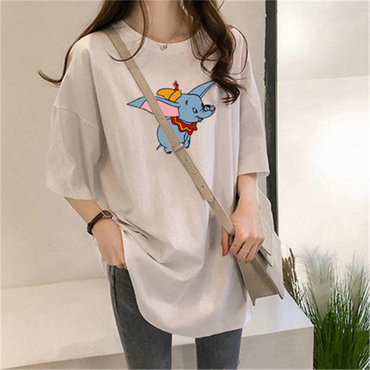 women's fashion new cartoon print long loose short-sleeved t-shirt