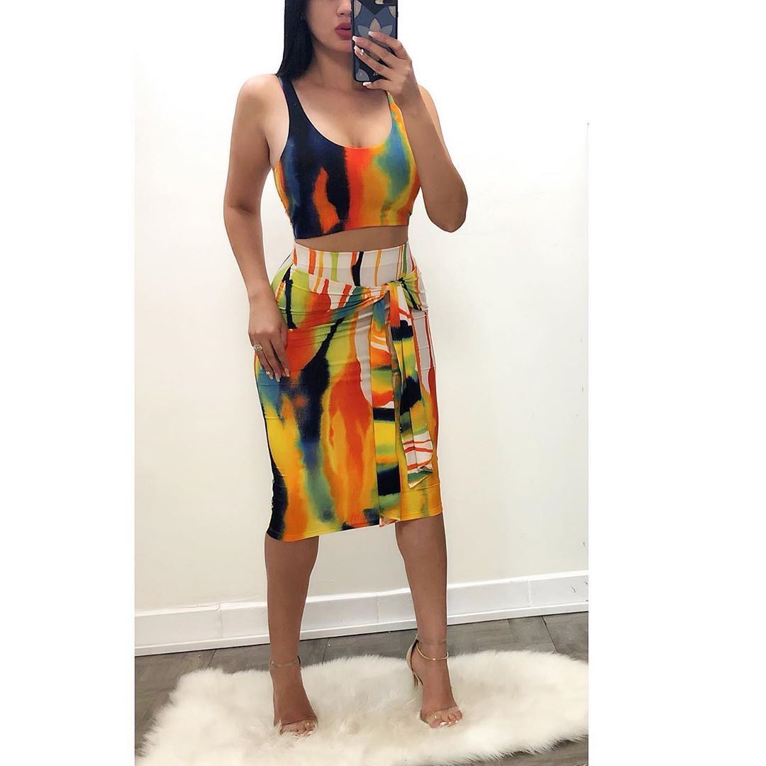 Summer Sexy Temperament Women's Tie-dye Suspender Skirt Set Two-piece Night Club