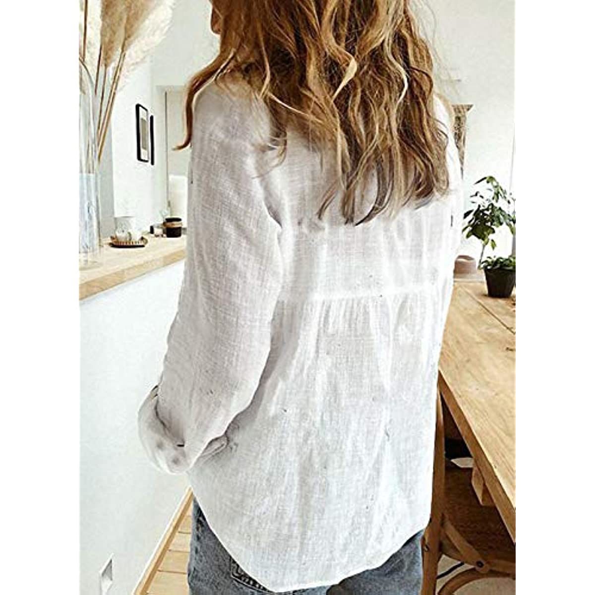 Womens V Neck Roll up Sleeve Button Down Blouses Tops