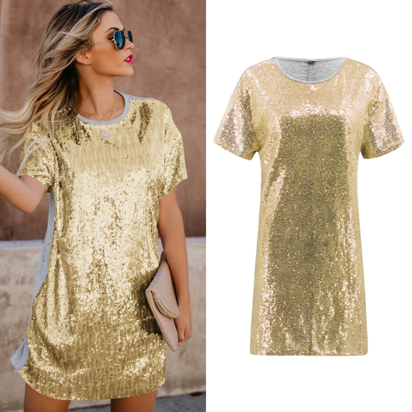 Best Selling Spring and Summer Women's Short Skirt Sequin Stitching Short-sleeved Dress