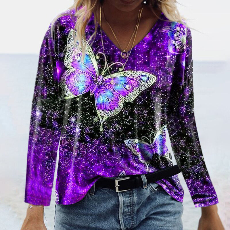 Women's Fashion Autumn T Shirt Casual V-Neck Long Sleeve Butterfly Printing T-Shirts Ladies Loose Plus Size Tops Tee Shirt Femme