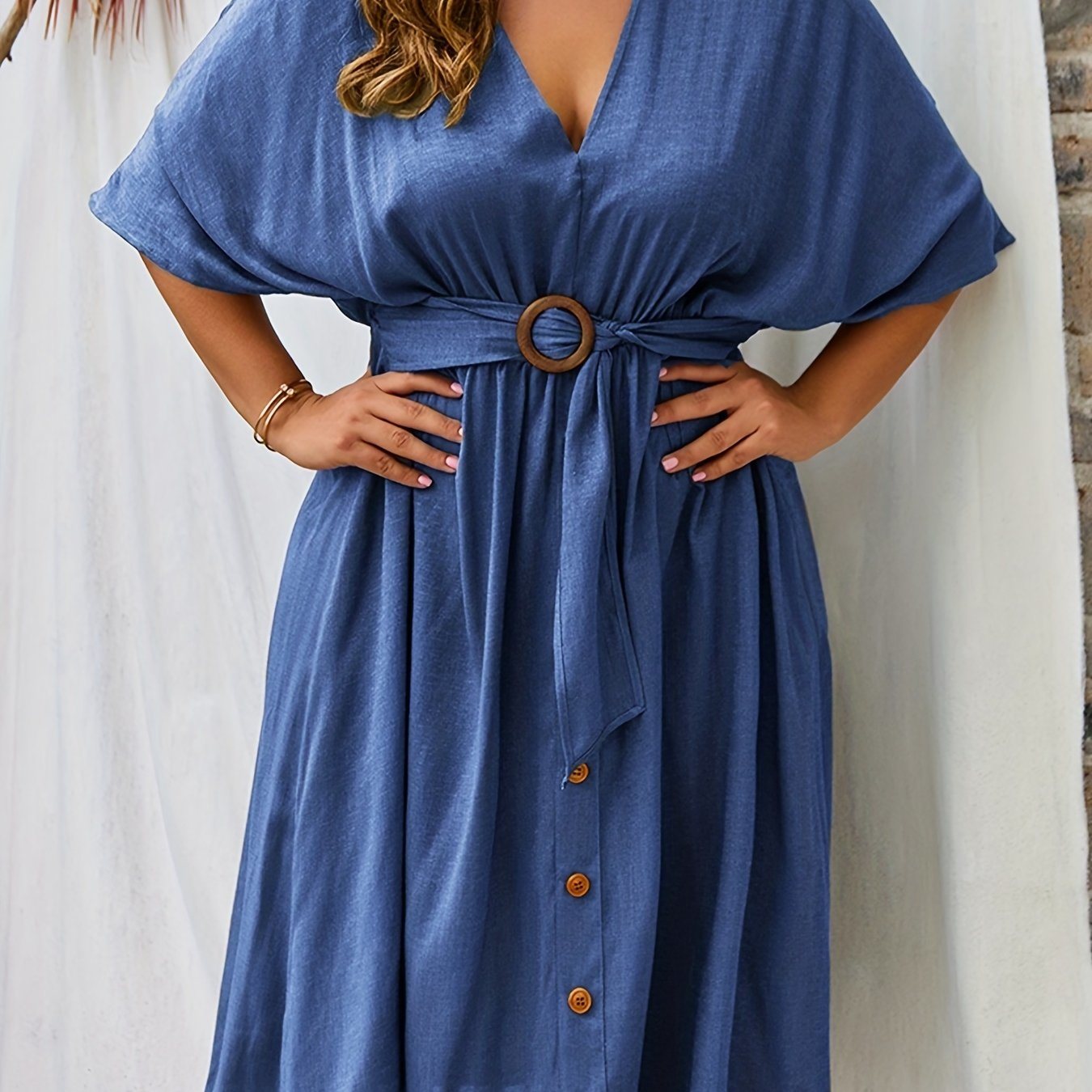 Size Batwing Button Decor V Neck Midi Dress With Belt; Women's Elegant Midi Dress