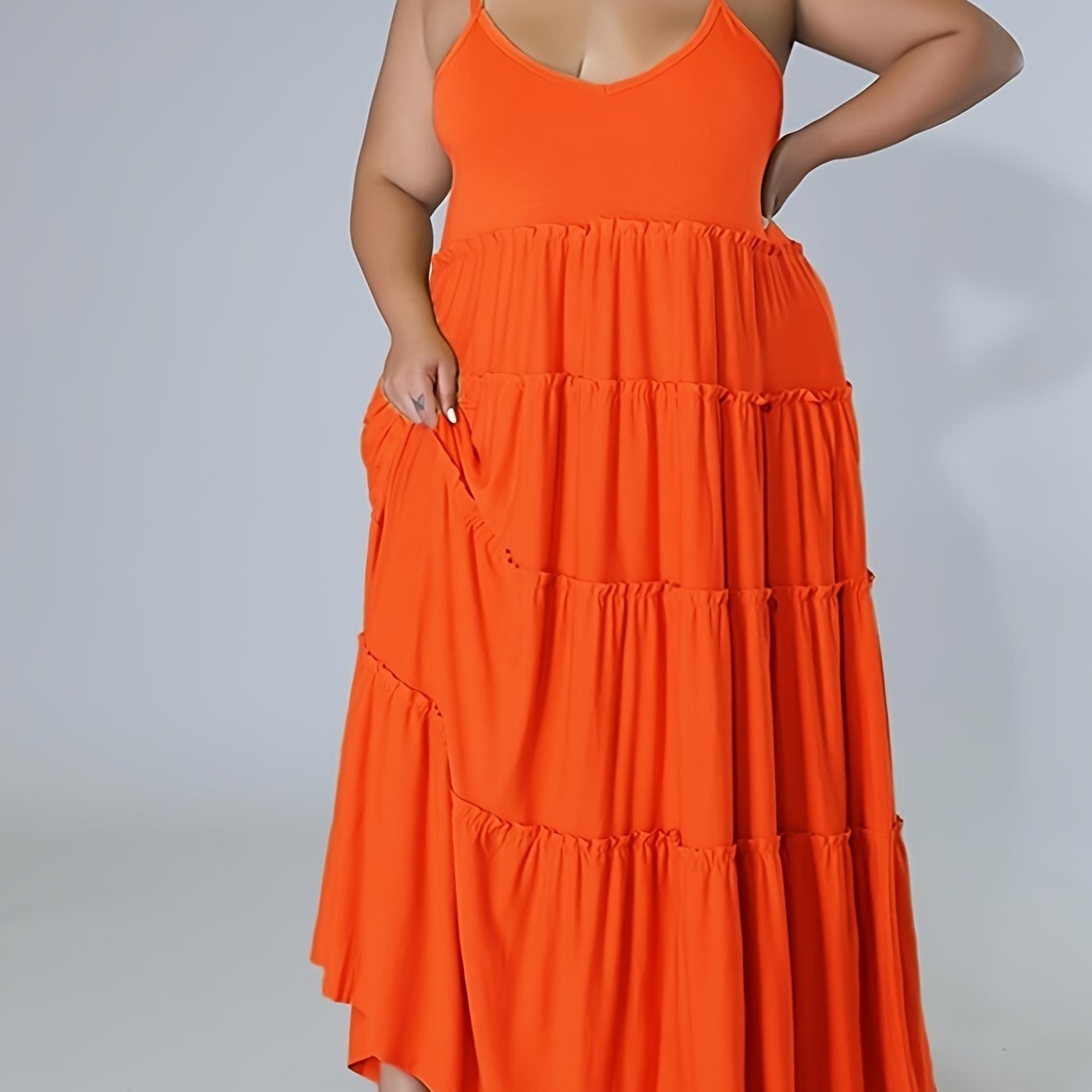 Plus Size Solid Layered Loose Fit Cami Maxi Dress; Women's Plus Sexy High Stretch Long Cami Dress