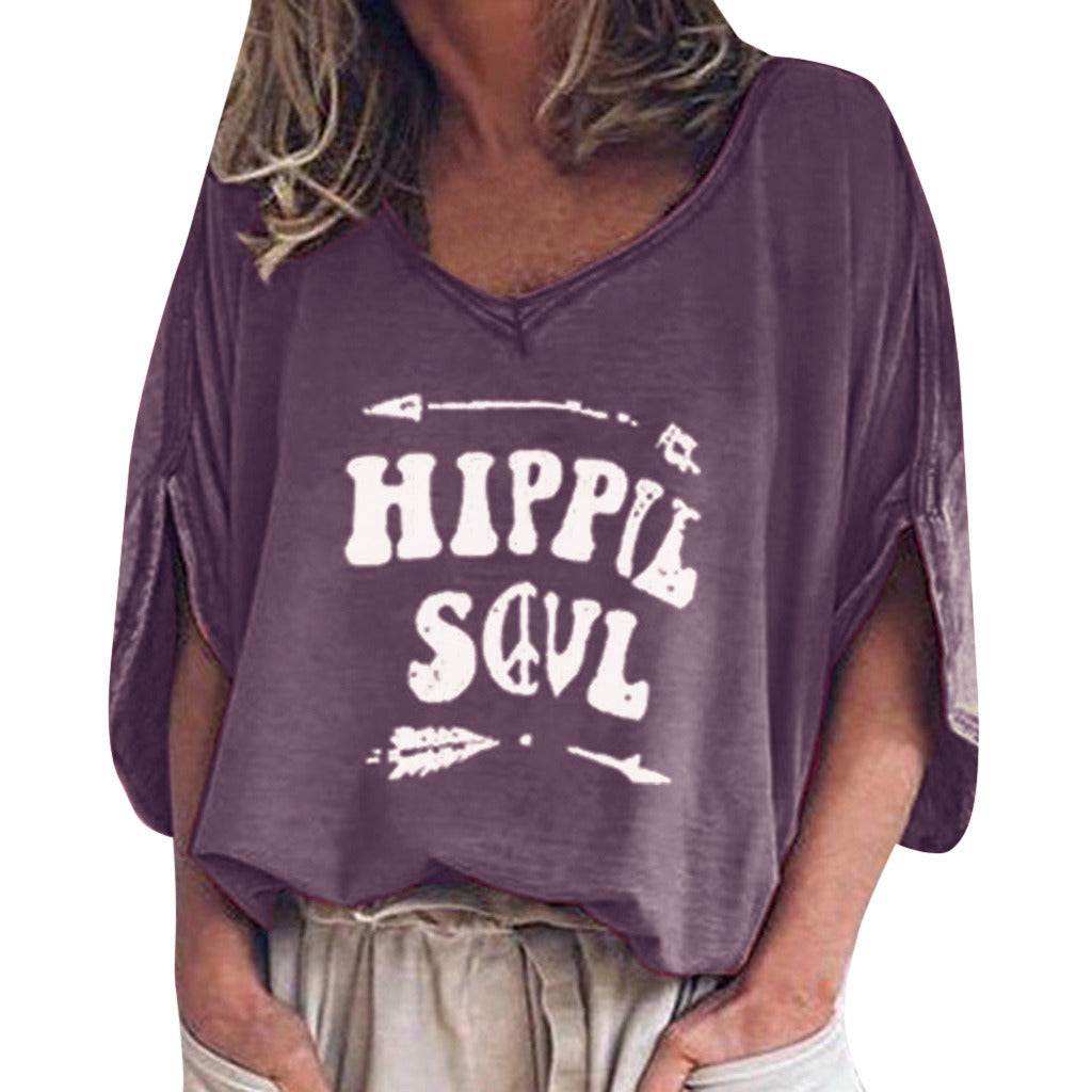 Fashion Autumn Sleeves Sleeves V-neck Print Loose Women's T-shirt