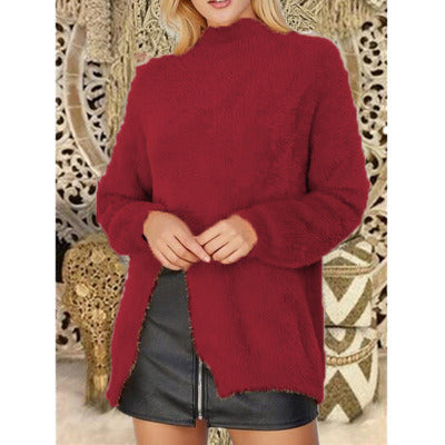 Autumn and winter new European and American women's fashion solid color long-sleeved slit sweater