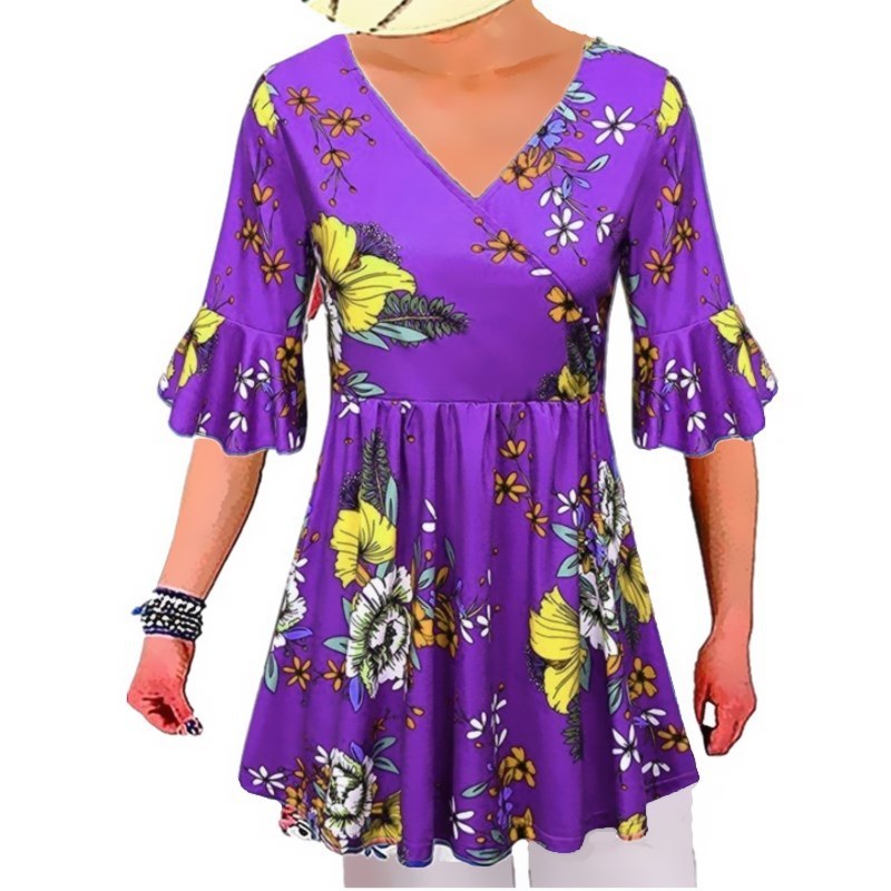 summer fashion women's print sleeves loose sexy V-neck large size shirt