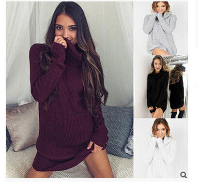 Autumn Winter Sexy Women's Fashion High-neck Long Sleeve Sweater Dress Roll Pull