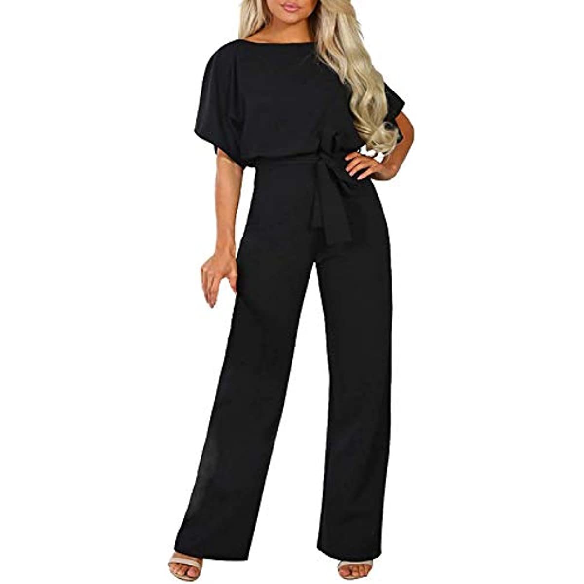 Women Casual Loose Short Sleeve Belted Wide Leg Pant Romper Jumpsuits