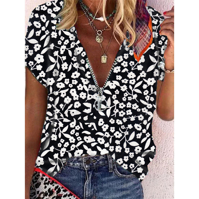 summer new women's blouse pullover V-neck short-sleeved floral shirt