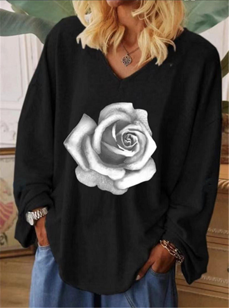 women's V-neck rose printing casual pullover long-sleeved T-shirt plus size women's top