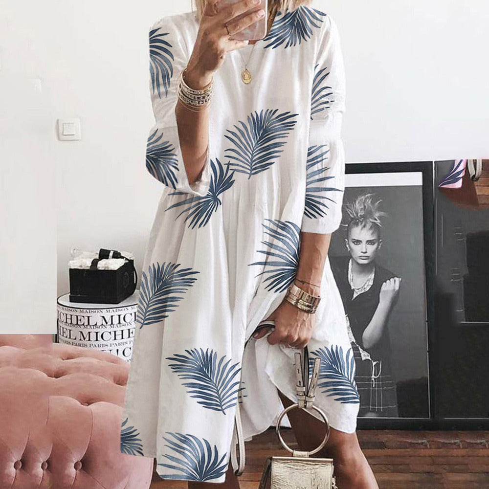 Autumn new dress women's round neck loose leaf print large dress