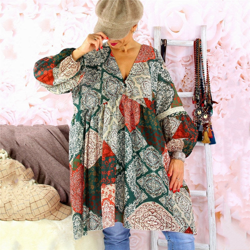 Autumn and Winter Color Matching Printed Casual Women's Loose Dress