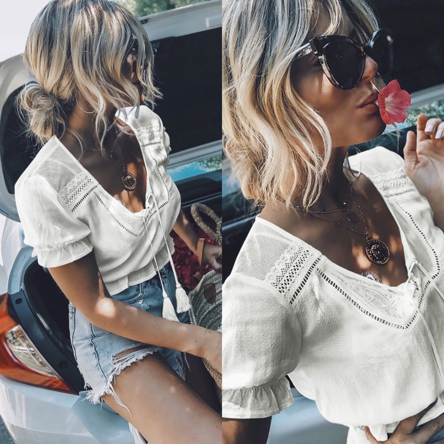 Spring and Summer New Women's Lace Shirt V-neck Tassel Waist Short Crop Top