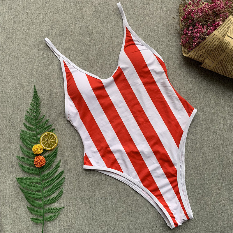 Striped Print Swimsuit Conjoined Female Bikini One-piece Open Back Swimsuit Sexy Bikini