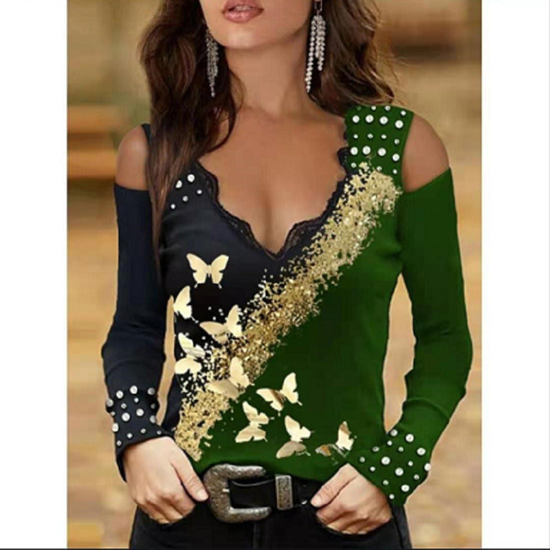 Ladies Top Lace Collar Off Shoulder Gold Butterfly Print Long Sleeve T-Shirt