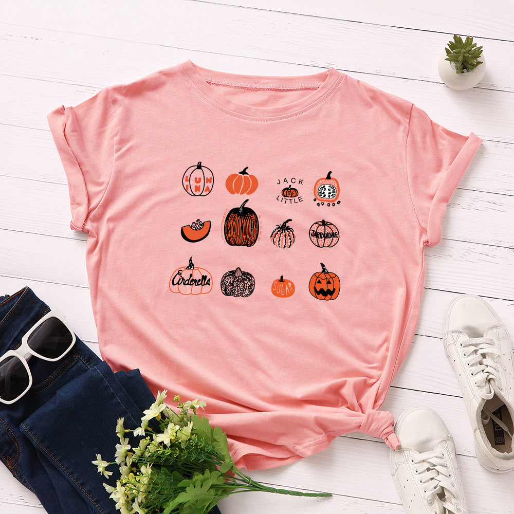 European and American Halloween Women's Creative Pumpkin Loose Round Neck Short Sleeve T-shirt