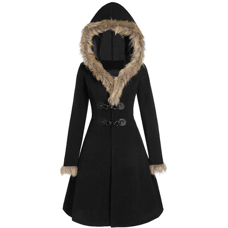 Fashion women's new style fur hat cuffs long sleeve alloy leather buckle Slim double-sided woolen mid-length coat