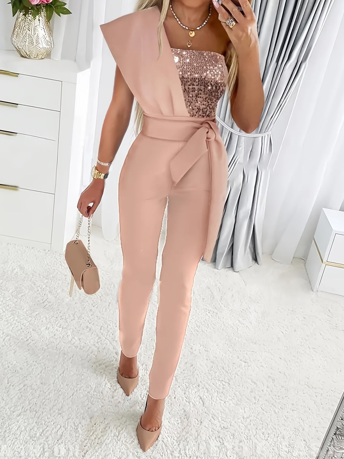 Sequin One Shoulder Jumpsuit; Party Solid Tie Waist Long Length Slim Jumpsuit