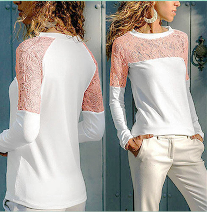 Spring and Summer New Long-sleeved Sweet Casual V-neck Openwork Lace Stitching Long-sleeved Loose Chiffon Shirt Top