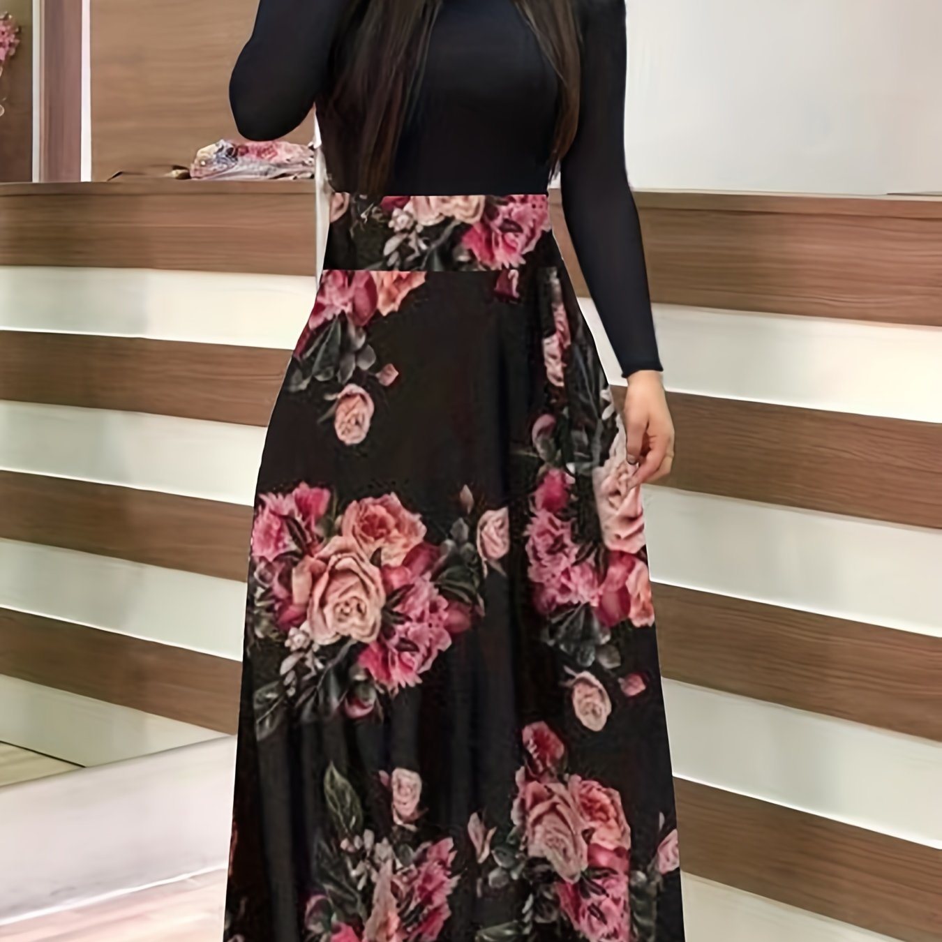 Plus Size Floral Print Round Neck Long Sleeve Maxi Dress; Women's Plus Colorblock Elegant Long Dress