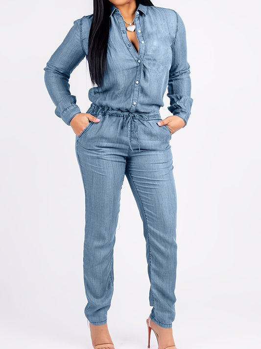 Denim Print Drawstring Waist Jumpsuit; Casual Slant Pockets Long Sleeve Button Down Jumpsuit