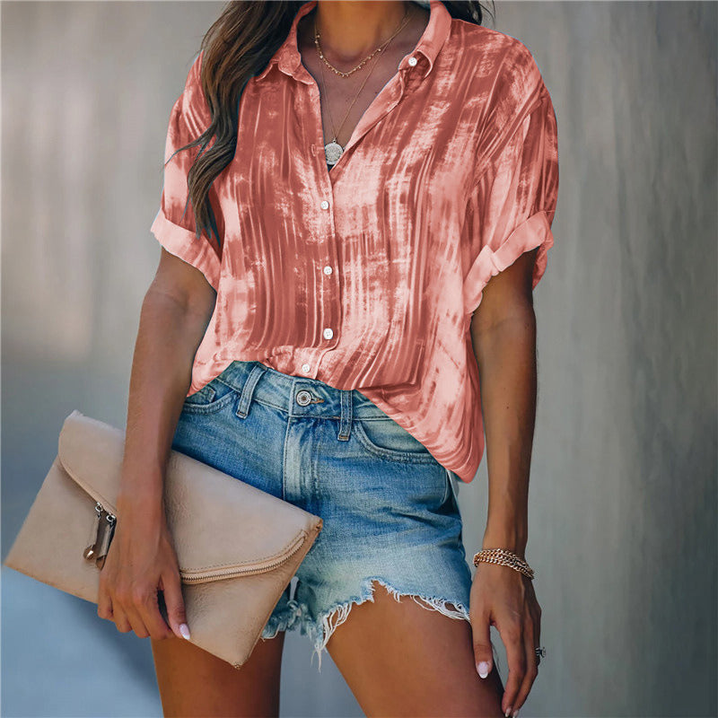 spring and summer new women's shirt printed button up chiffon short-sleeved shirt