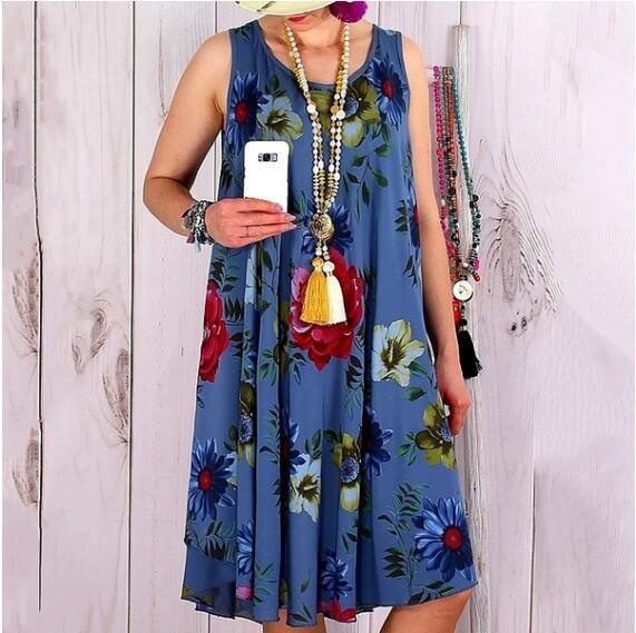 summer new women's loose thin round neck sleeveless long print dress