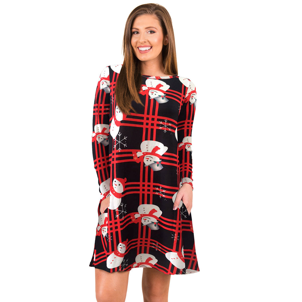 autumn and winter new European and American Christmas dress snowman print long sleeve big swing skirt