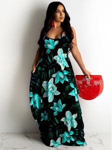 Plus Size Boho Dress; Women's Plus Floral Print V Neck High Stretch Cami Maxi Dress With Pockets