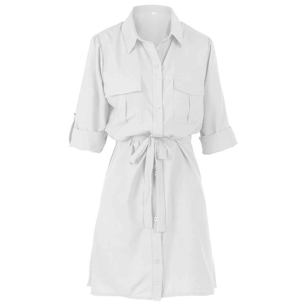 New Five-point Sleeve Shirt Dress Button Waist Bandage Shirt Dress