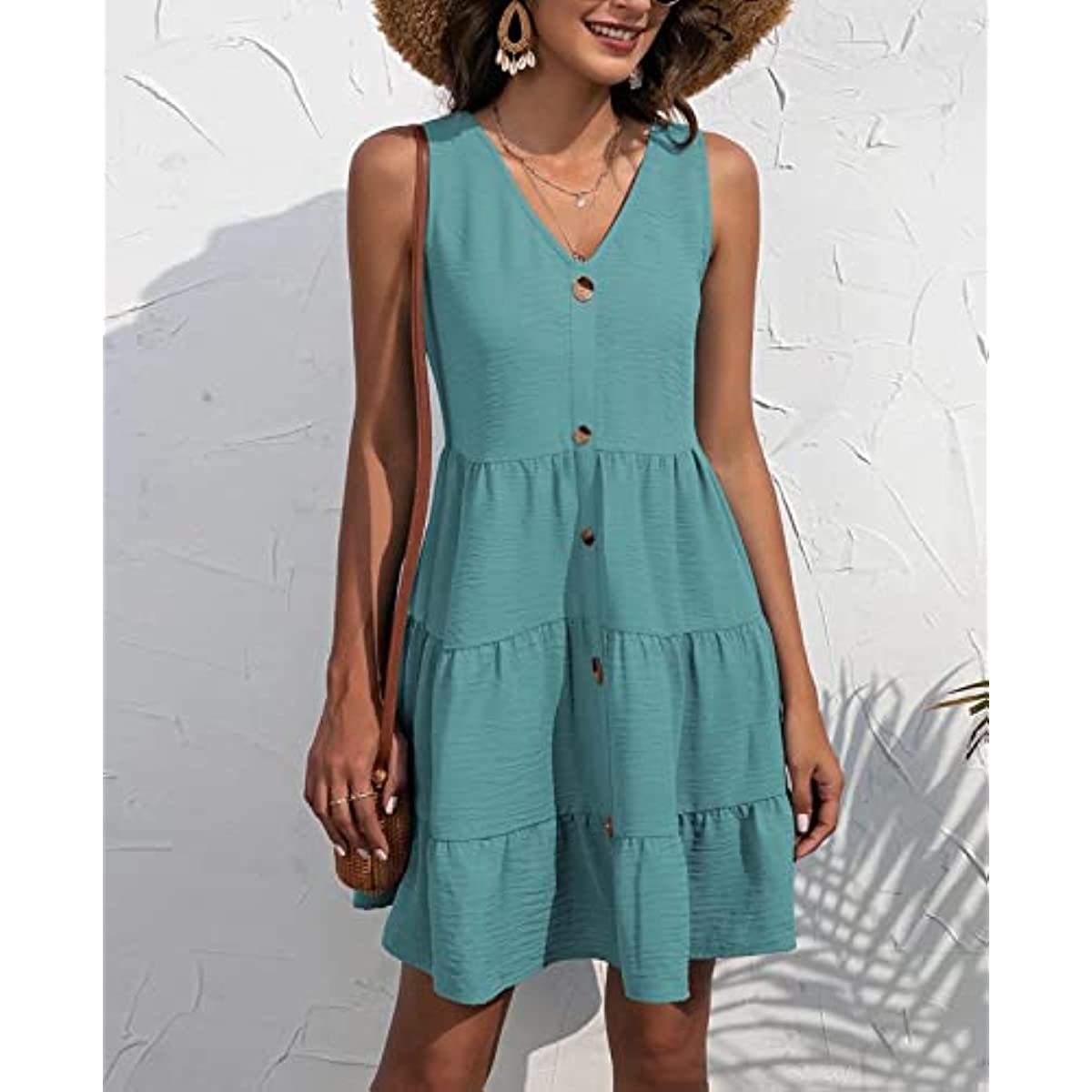 Kotiera Women's Summer Sleeveless V Neck Button Down Casual Swing Tunic Dress