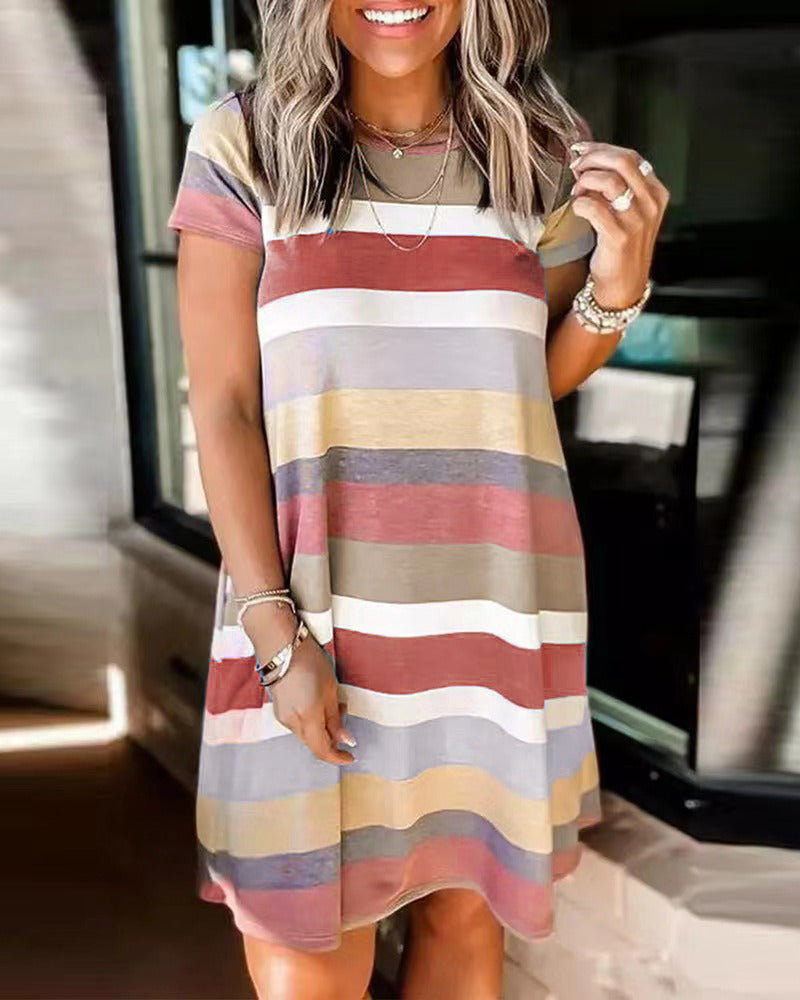 New summer women's loose stripe printed short sleeve Jumpsuit dress