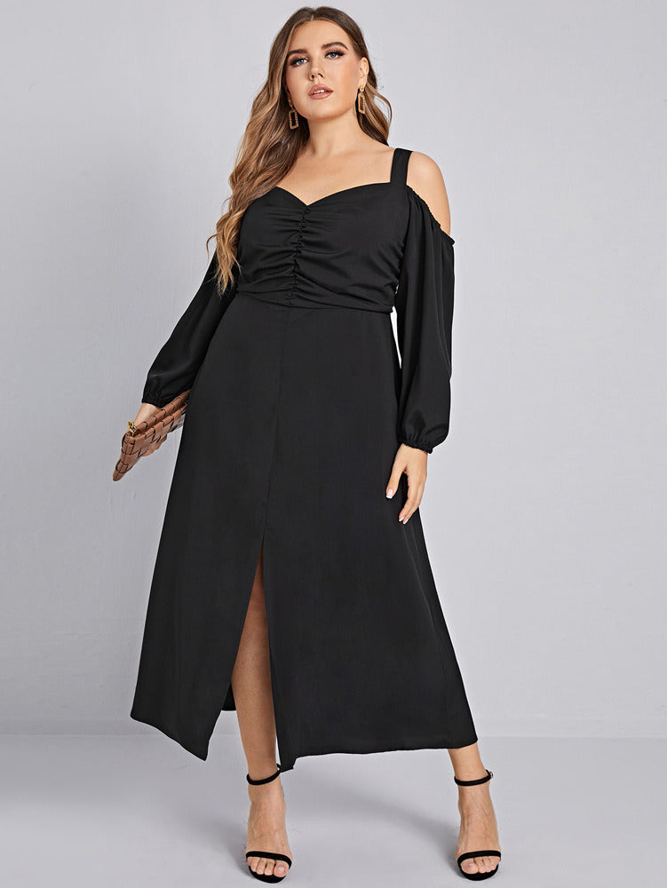 Spring Summer Autumn Plus Size Midi Sling Slit Dress XL-4XL Women Vintage Black Fashion Elegant Long Sleeves Pleated Loose Hem