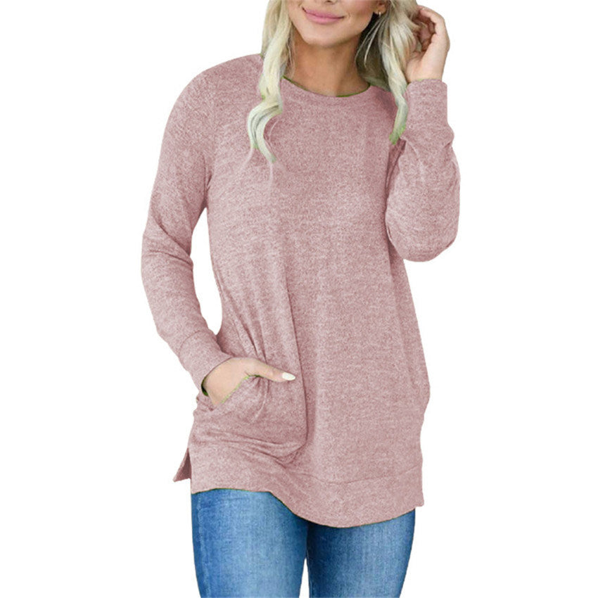 Ladies Pocket Sweater Solid Color Long Sleeve Loose Round Neck Sweater