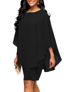 Plus Size Solid Round Neck 3/4 Sleeve Cape Midi Dress; Women's Plus Elegant Slight Stretch Cape Midi Dress