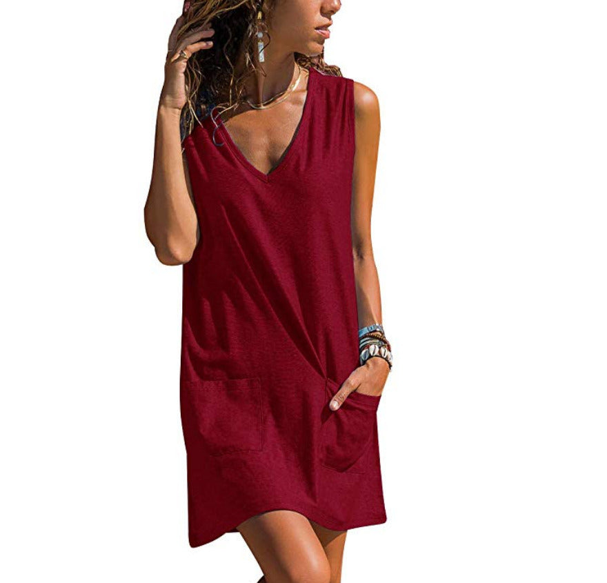 summer new women's V-neck pocket sleeveless dress