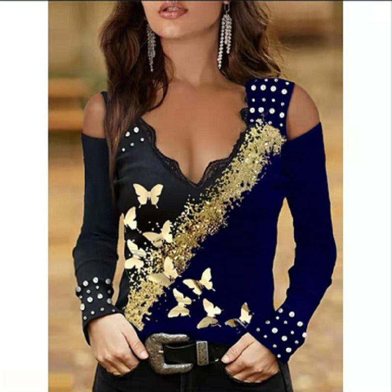 Women T-shirt Bronzing Butterfly Print V-Neck Lace Tops Long Sleeve Off Shoulder Casual Pullover Autumn Women's Fashion Clothing