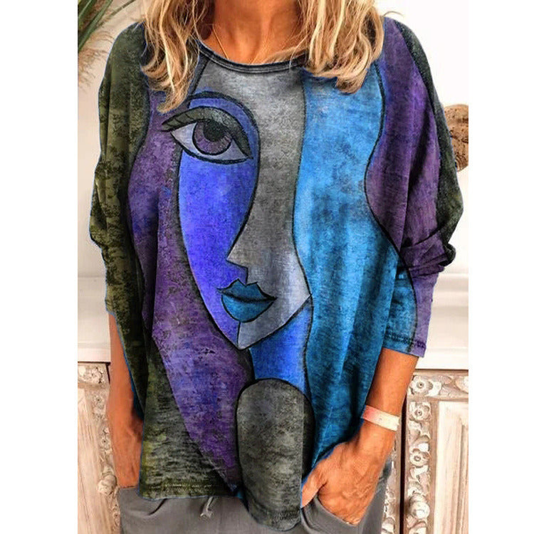 autumn and winter new plus size women's face print long-sleeved loose T-shirt tops