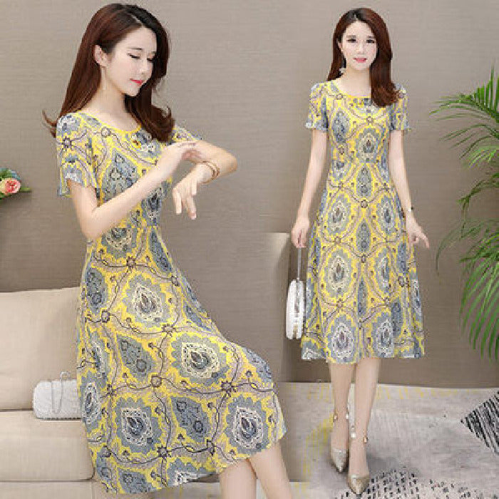 summer fashion new women's floral print lotus leaf sleeve long dress