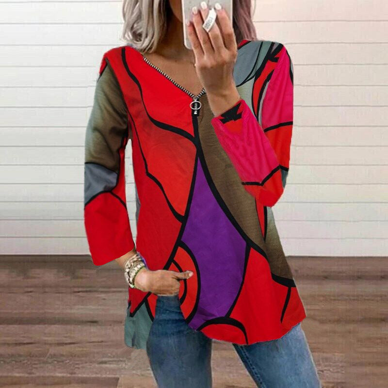 Autumn Fashion Women's Tops Color Block V-neck Zipper Casual 7-point Sleeve Top