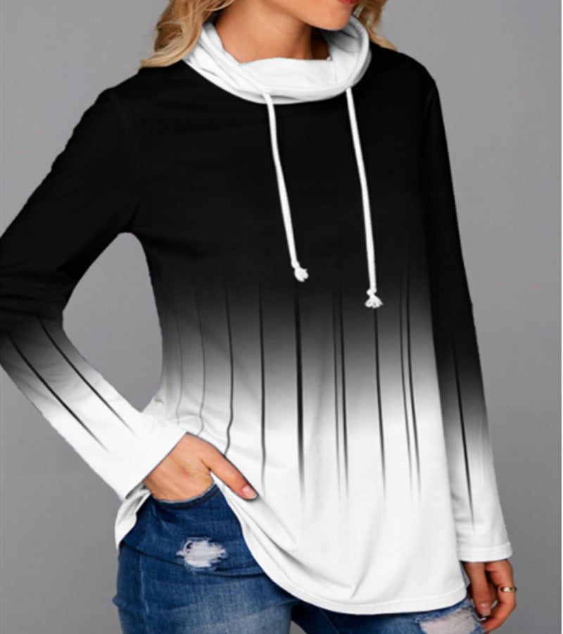 autumn and winter new women's contrast color printing drawstring collar long sleeved sweater