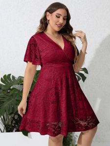 Plus Size Contrast Lace V Neck Ruffle Hem Midi Dress; Women's Plus Medium Stretch Elegant Bridal Wedding Dress