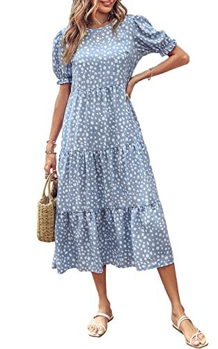 Women's Summer Casual Boho Dress Floral Print Ruffle Puff Sleeve High Waist Midi Beach Dresses