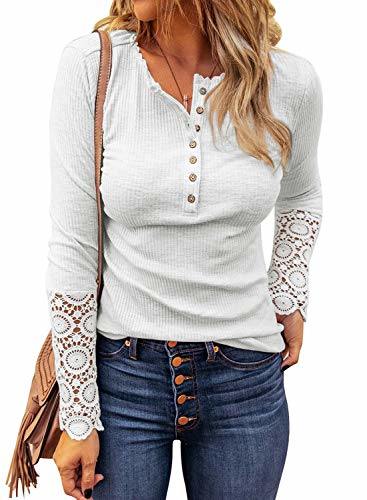 Womens Ribbed Knit Henley Long Sleeves Tunic Lace Tops V Neck Button Shirts Casual Slim Fit Blouses