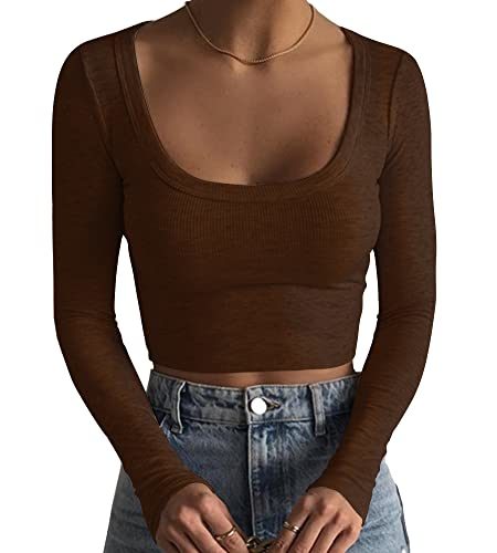 Women's Square Neck Long Sleeve Ribbed Slim Fitted Casual Basic Crop Top