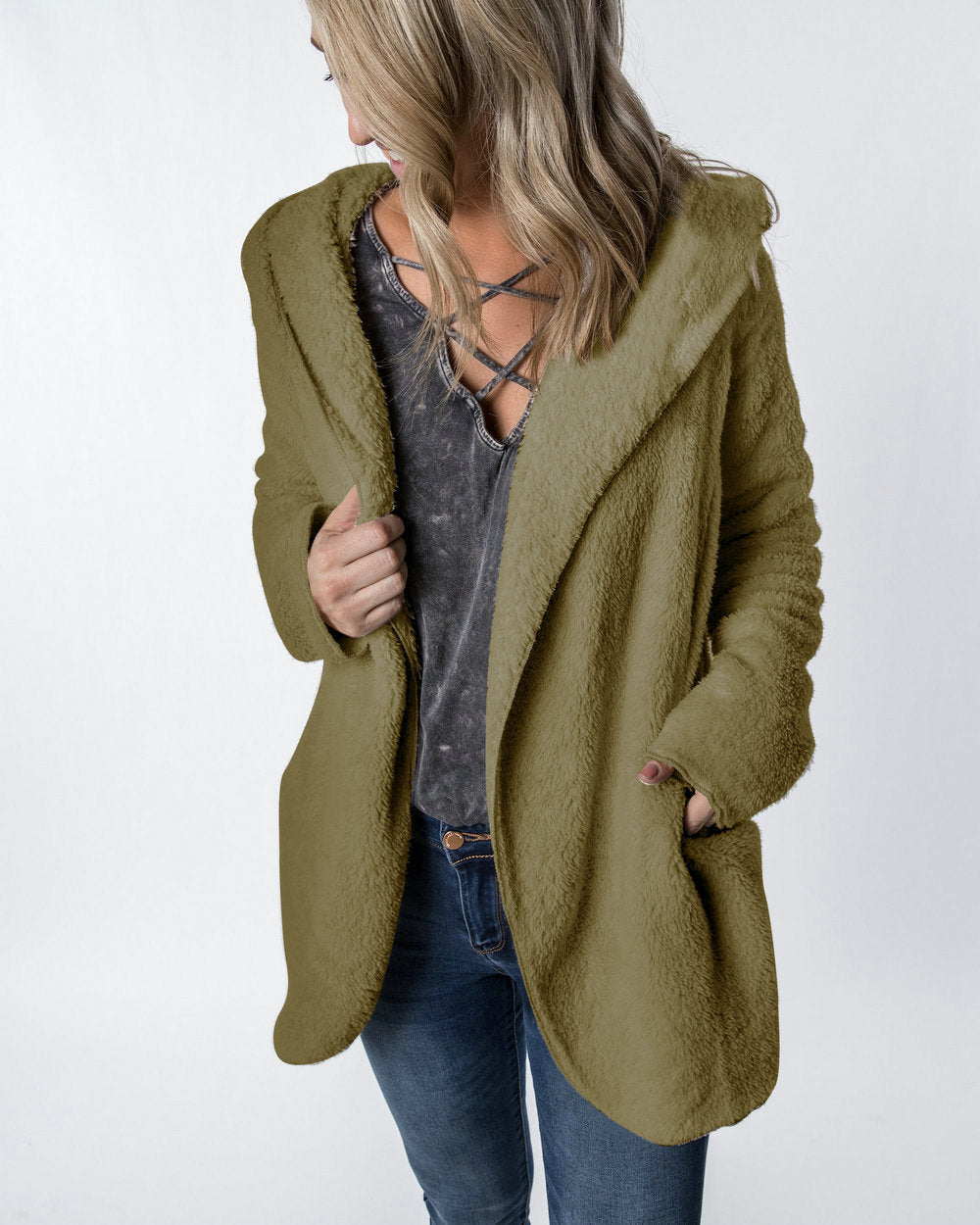 European and American Fashion Autumn and Winter Coats Sexy Cardigan Hooded Comfortable Slim Jacket