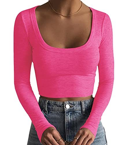 Women's Square Neck Long Sleeve Ribbed Slim Fitted Casual Basic Crop Top