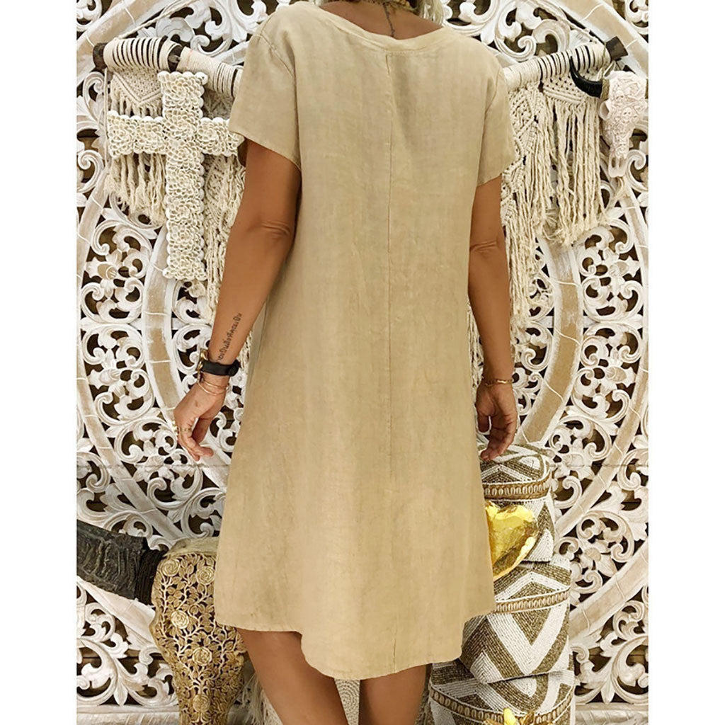 summer new women's solid color short-sleeved round neck dress