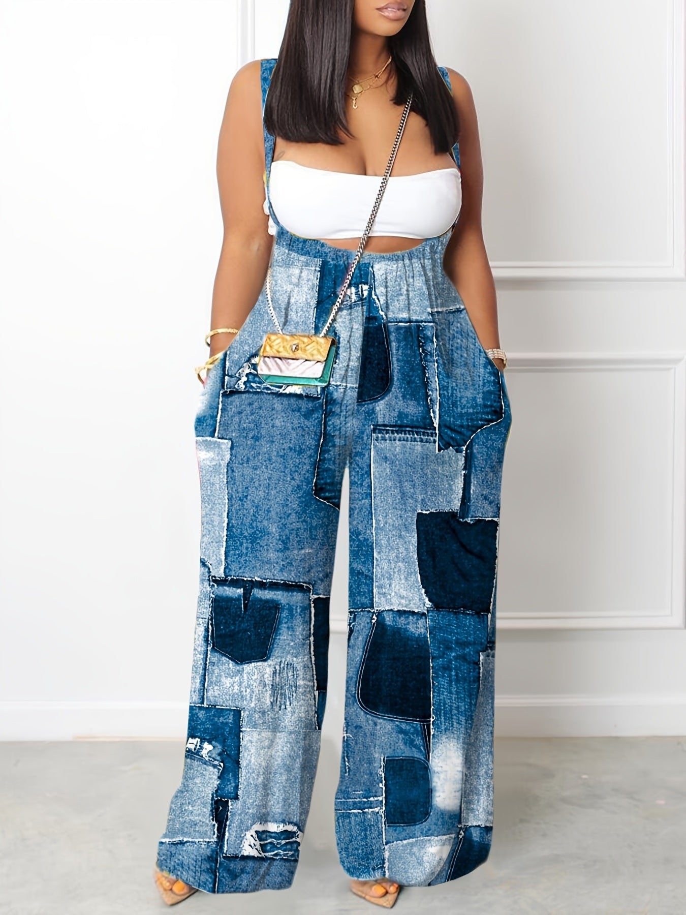 Hippie Patchwork Denim Print Sleeveless Cami Jumpsuits; Wide Leg Long Length Casual Jumpsuits