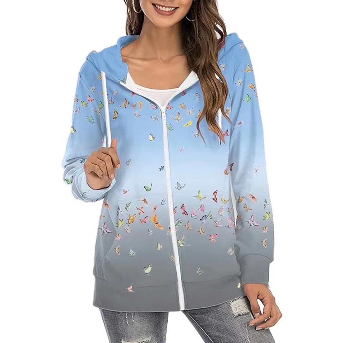 Autumn and winter new women's clothing printed Hoodie zipper commuter gradient coat women